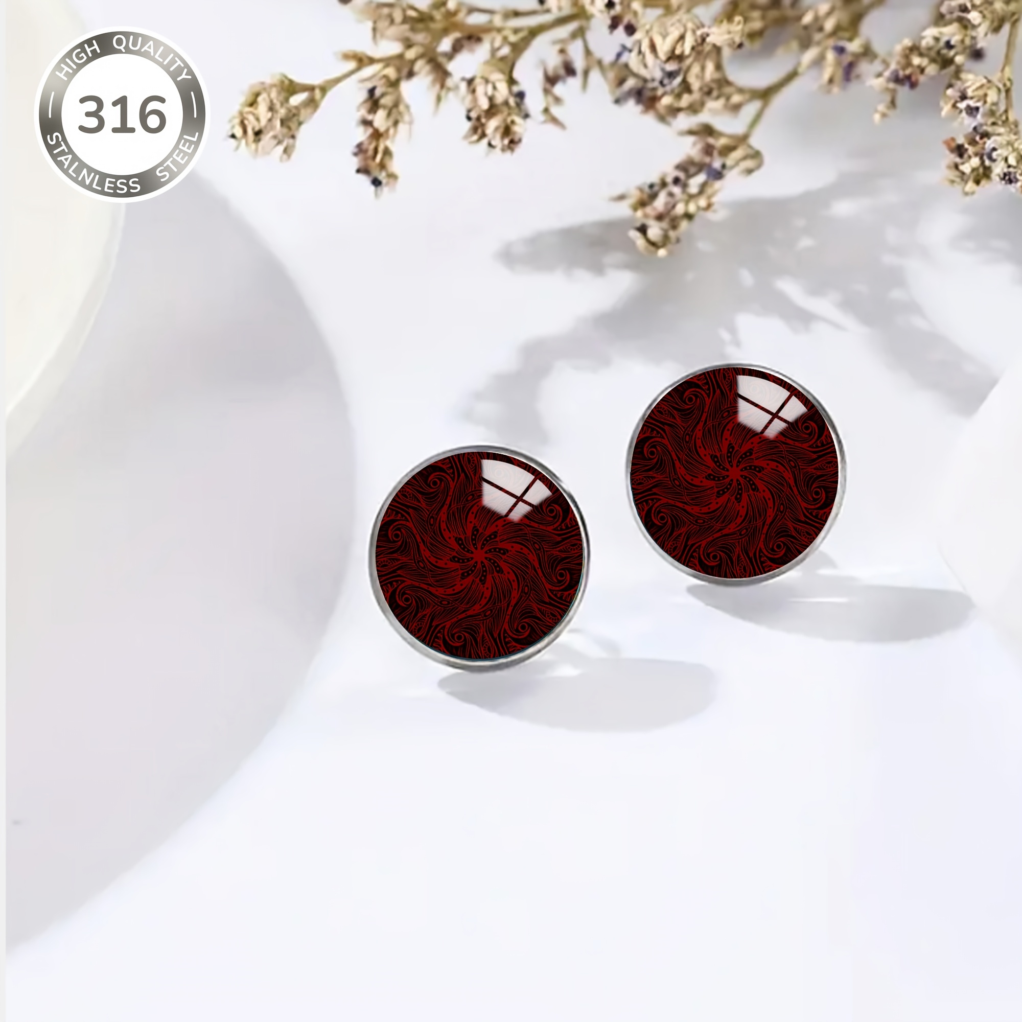 Red Mandala Spiral Floral Pattern Stainless Steel Stud Earrings